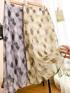 XIAOER | Chân Váy Dài Vintage In Hình Kim Cương Chiffon Nhẹ