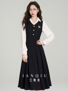 French Elegant Two-Piece Dress Womens Autumn College Style Shirt Skirt Interview Clothing A-Line Midi Dress with Long Sleeves