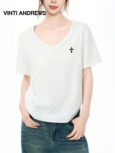 Elegant Minimalist Short Sleeve T-Shirt Summer White V-Neck