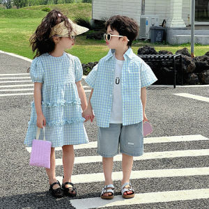 Summer Kid Brother Sister Set Muslin Toddler Girl Plaid Bubble Short Sleeve Beach Dress Vacation Shirt 2PCS Outfit Siblings Look