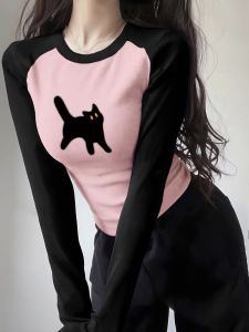 Sweet And Spicy Long Sleeve Shoulder Insert T-Shirt Womens Slim Fit Short Style American Inner Wear Base Shirt Autumn Winter
