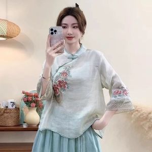 New 2025 Womens Cotton Linen Shirt Side Button Embroidery Loose Top Ethnic Style Chinese Nationalism Fashion Design Summer Thin