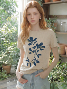 Plant Print Loose Short Sleeve T-Shirt Slim Fitting Round Neck Top