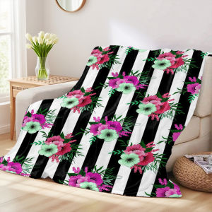 Beast Kingdom | Floral Black White Stripe Sofa Specific Soft Flannel Blanket Universal Plush Gift Blanket For All Seasons