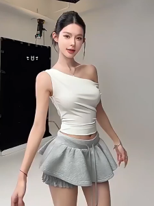 S-2XL Rok Mini Wanita Pinggang Tinggi Polos Retro Bertali Serut Rok A-Lin