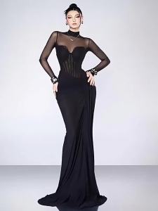 Black Transparent Silk Fishbone Dress Autumn Elegant