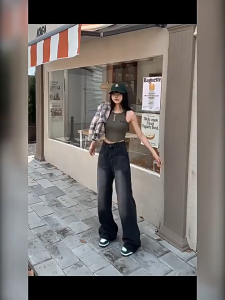 Korean Style Womens Vintage Washed Baggy High Waist Wide Leg Long Jeans for Casual