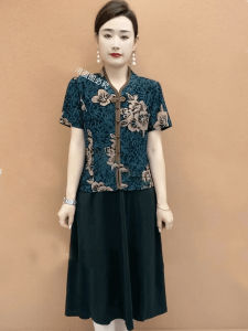 New Chinese Style Middle-Aged Mom Fake Two-Piece National Style Dress X Stand Collar Short Sleeve Frog Buckle Small Man Mom Dress