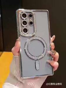 Luxury Glitter Rhinestone Magnetic Case For Samsung Galaxy S26 S25 S24 Ultra Plus For Magsafe Transparent Plating Cover Funda