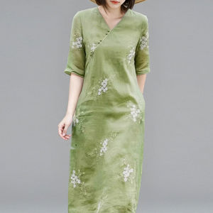New Chinese Style Green Improved Cheongsam Dress Women Short Sleeve Oblique Collar V-neck Heavy Embroidery Cotton Linen Dress