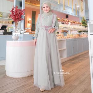 EmmaQueen - Dress Brisia Kids Gamis Kondangan Simple Elegan Cotton Tile Kombin Brukat XS/XXL Wudhu Friendly Resleting Depan Karet Pinggang