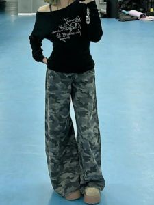 กางเกงยีนส์ขากว้างเอวสูงลายพรางสไตล์อเมริกันสำหรับผู้หญิง กางเกงขายาวทรงหลวมสำหรับใส่ทำงาน กางเกงยีนส์ทรงหลวมเอวสูง