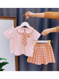 Girls Summer Outfit Pure Cotton Plaid Skirt Short Sleeve JK Uniform Style Baby Girls Clothing Set Korean Style Thin Cotton Blend