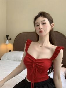 GUZILIAN | Red Square Collar Strap Vest Womens Outerwear Summer Thai Sweet And Spicy Girl One Shoulder Tube Top Jazz Top Sleeveless