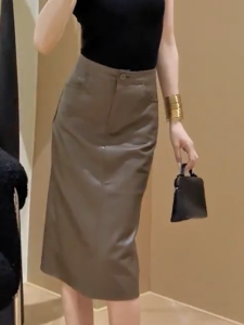 MANMI | Vintage Retro High Waist Slimming Brown PU Leather Half Skirt