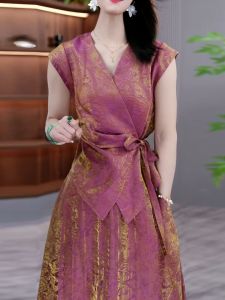 Elegant New Chinese Style Slim Fit Two-Piece Set Summer 2025 V-Neck Short Sleeve Satin Dress Top And Skirt Ensemble