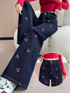 Retro Embroidered Denim Jeans Womens Winter Thickened Fleece Straight Leg Wide Leg Pants High Waist Zipper Closure Cotton Blend