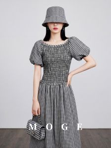 Vintage Plaid Color Block Puff Sleeves Slim Fitting Dress