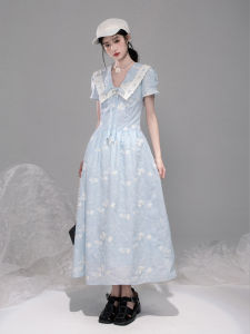 COTRE Casual Holiday Light Oxygen Blue Navy Collar Lace Trim Short Sleeve Dress Polyester Bubble Sleeve X-shaped Summer Dress for Women