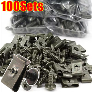 100 ชุด U คลิปโลหะรูปตัว พร้อมสกรู / คลิปยึดแบบแตะ คลิปรูปตัว U สำหรับรถยนต์และรถจักรยานยนต์ / คลิปหัวเข็มขัดแบบสกรูป้องกันสนิม