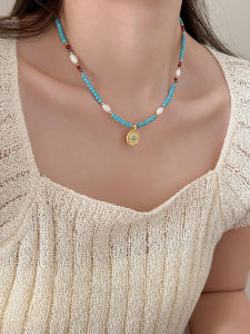 Retro Chinese Turquoise Agate Beaded Necklace Womens 2025 New Luxury Sensation Sweater Clavicle Chain Alloy/Dipped Silver/Gold