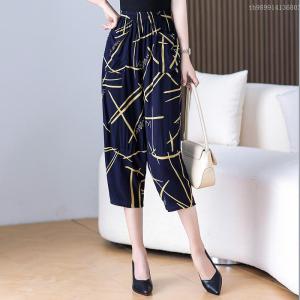 กางเกงนอนผ้าไหมคอตตอนสำหรับคุณแม่ ทรงหลวม บาง ใส่อยู่บ้าน ลายดอกไม้ ใส่กลางแจ้ง ฤดูร้อน 2024 กางเกงขายาวเอวกลาง