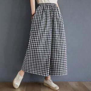 Cotton and Linen Wide Leg Culottes Womens Summer Loose plus Size Plaid Casual Pants Slim Looking High Waist Drooping Linen Ankle Length Pants