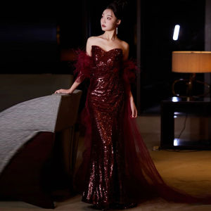 Tube Top Evening Gown Bridal French off-Shoulder Back-to-Door Silm Fishtail Engagement Dress Niche Style Banquet Evening Dress