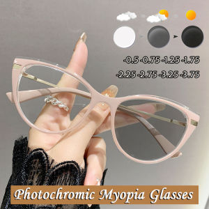 -50 -75 -125 -175 Cats Eye Photochromic Myopia Glasses for Women Anti Blue Light Large Frame Trendy Computer Frame Myopia Eyeglasses Nearsighted Glasses