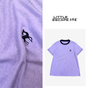 Pure Color T-Shirt with Small Deer Design in Purple And White Short Sleeve round Neck Casual Style Summer Cotton Blend Top