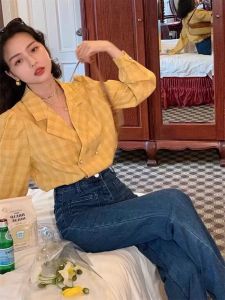 Retro Style Slim Fit Shirt Womens Spring Summer Plaid Bubble Sleeve Polo Collar Button up Casual Fashion Polyester Blend