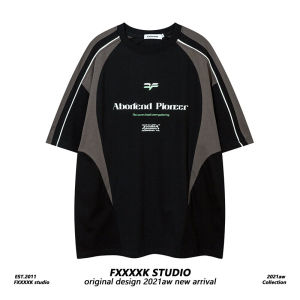 FXK Original Summer American Trendy Brand Spliced Color Block Weave Belt Decomposed Loose Short Sleeve T-Shirt Retro Sport Style Half Sleeve