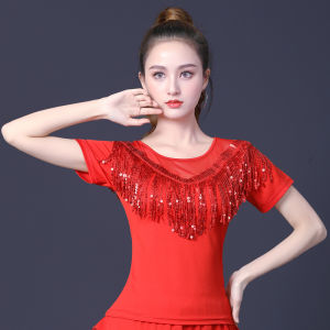 ชุดเต้นรำแขนสั้นแต่งพู่ปักเลื่อมเสื้อผ้าสำหรับเต้นรำ ร่วมกับเครื่องมือสำหรับการแดดสูงสำหรับผ้า