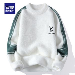 ROMON | Romon Mens Knitted Sweater Fleece Lined Casual Loose Thick Warm Trendy Round Neck Winter Fashion Long Sleeve Youth Polyester Nylon Blend