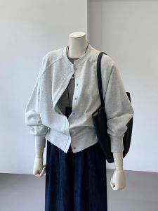 คําแนะนําระดับ Chao! แฟชั่นฤดูใบไม้ร่วง สไตล์เกาหลี คอกลมสีเทา เปิด คาร์ดิเกน หนา ลำลอง แขนยาว ผู้หญิง เสื้อแจ็คเก็ต