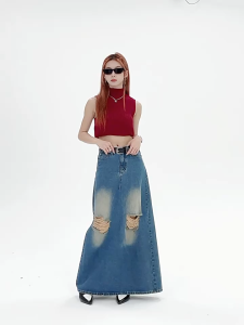 Washed Ripped Denim Long Skirt for Women High Waist Design Loose Fit with Back Slit