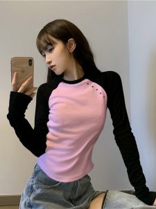 Slim Fit High Waist Long Sleeve Short T-Shirt Womens Spring Autumn Color Block Shoulder Insert Base Shirt Inner Wear