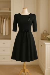 ชุดเดรสทำงานสีดำ ผ้าฝ้ายอัดกาวอย่างดี มีโบว์ตรงเอว ไม่รวมเข็มกลัดหน้าอก จำนวนจำกัด