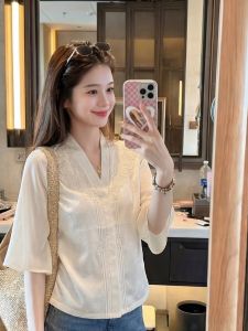 PAIBOLI | French Elegance White V-neck Three Quarter Sleeve Waist-cinching Womens Shirt