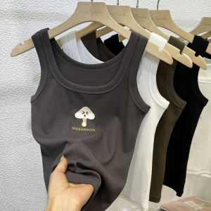 Cute Mushroom Print Camisole Tank Top Women Summer Outerwear American Style Ribbed Pure Cotton Slim Fit Underwear Shirt