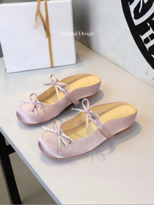 Elevated round Head Satin Butterfly Knot Hollow out Slip-On Womens Sandals French Half Slippers Flat Heel Comfortable Shoes