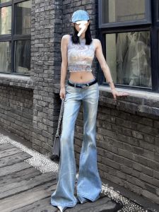 Quần Jeans Ống Loe Cạp Thấp Co Giãn Ôm Dáng Dài Đến Sàn Phong Cách Mỹ Cổ Điển Cho Nữ Mùa Xuân Thu