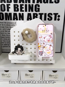 Cute House Shape Multi-functional Desktop Tissue Box with Hole Pegboard Desk Organizer Pen Holder with Phone Stand & Drawer Table Storage Box for Office Home