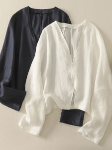 เสื้อคาร์ดิแกนคอวีแขนยาวผ้าลินินบางสำหรับผู้หญิงในช่วงฤดูร้อน สไตล์ลำลอง สีขาว ผ้าฝ้ายลินิน แจ็คเก็ตสั้น ปกโปโล ไม่มีกระดุม