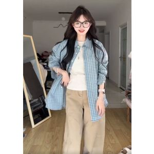 BINKAFENNY | Blue Plaid Loose Womens Shirt Jacket Autumn Fashionable Korean Style College vibe Long Sleeve Polo Collar Regular Fit Outerwear