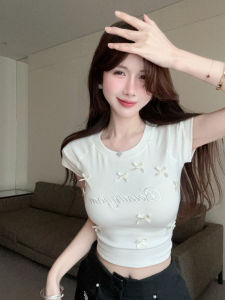 GUZILIAN | Sweet Summer Embroidered Letter Short Sleeve T-Shirt Womens Bow Knot Slimming Tight Fit Hot Girl Short Top Fashionable Trendy