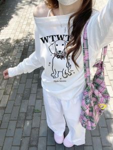 Quần Ống Rộng in Hình Chú Chó Mùa Hè Mới Cho Nữ Quần Ống Rộng Màu Sắc in Hình Chú Chó Hai Mảnh Quần Áo Công Sở Phong Cách Hàn Quốc