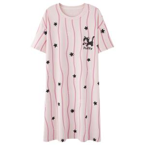 miiow | Pure Cotton Short Sleeve Sleepwear Womens Summer Dress Sweet Round Neck Nightgown With Chest Pad Comfortable Breathable Sleeprobe