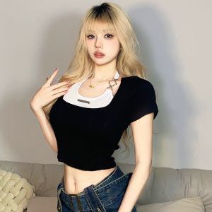 Áo thun ngắn tay cổ điển kiểu Mỹ vừa vặn dành cho nữ với thiết kế chắp vá thêu Cô gái ngọt ngào và cay hàng đầu mùa hè