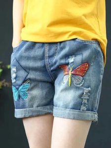 Quần Short Denim Cạp Cao Cho Nữ Mùa Hè Thường Ngày Rộng Rãi Ống Đứng Thêu Rách Quần Jeans Phong Cách Dân Tộc